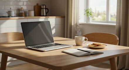 温かい日差しが差し込むキッチン、ノートパソコンとコーヒー、穏やかな朝の風景