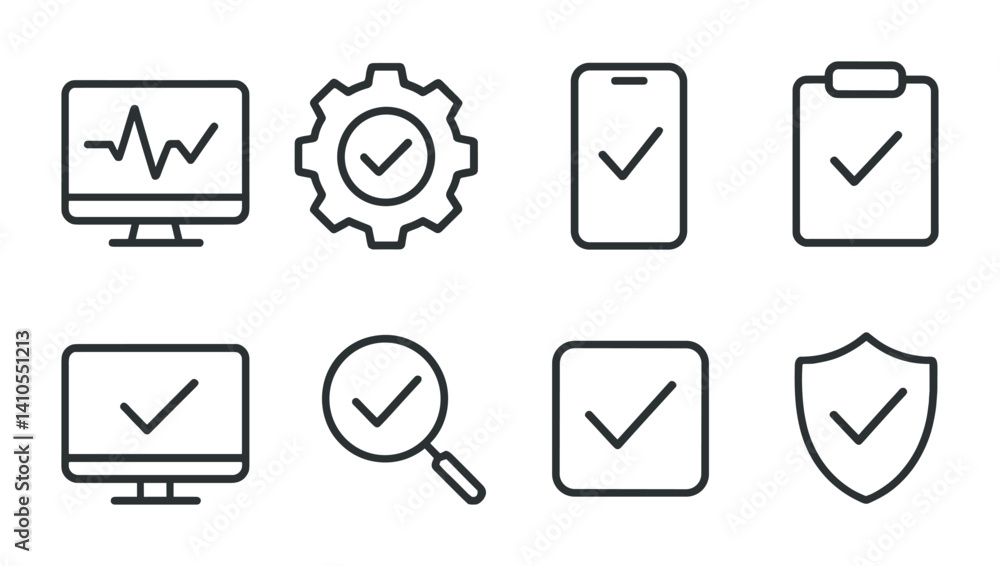 Poster outline vector icons of system checks: diagnostics passed, settings verified, check on device, softw