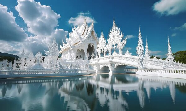 The serene beauty of Wat Rong Khun, with the temple&rsquo;s unique white design reflected in the surrounding ponds and framed by blue skies and fluffy clouds in Chiang Rai, Thailand