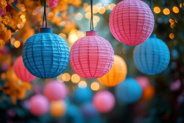 Fototapeta premium Colorful lanterns illuminating a festive outdoor event enchanting evening setting decorations