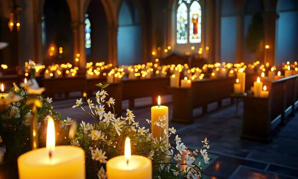 Saint Lucia Day service at a Swedish church with glowing candles, realistic, very detailed