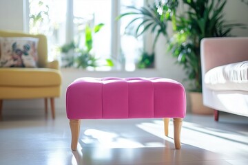 A pink footstool in a bright living room on a shiny parquet floor