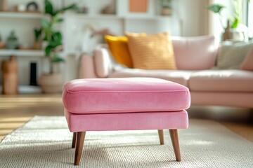 A pink footstool in a bright living room on a gray rug