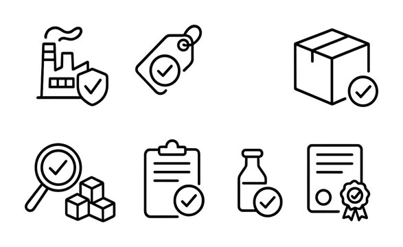 outline vector icons of product inspection: factory pass, quality tag, product passed, box label, approved goods, test complete, sample ok, certificate check. ine style icons in a modern, minimalist