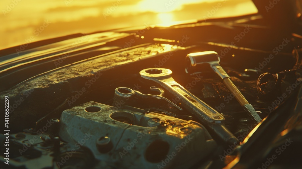 Poster tools resting inside an open engine compartment in sunlight