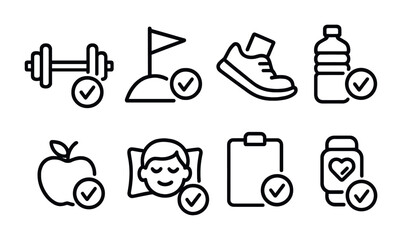 outline vector icons of phone health tracking: steps, heart rate, sleep tracker, water intake, workout log, calories burned, distance, fitness app.Clean flat isometric set of line style icons in a