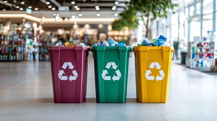 Indoor recycling station with separate bins for plastic, paper, and metal, bright daylight interior, plastic bin recycling, eco-friendly lifestyle, clean white decor, modern awareness