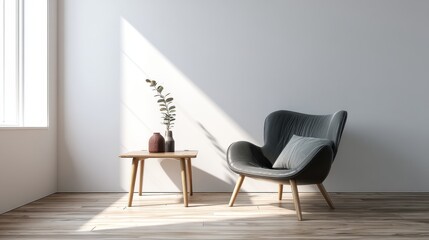 Fototapeta premium Relaxing armchair in a sunlit room. The grey armchair is inviting and peaceful, accented by simple decor and natural light.
