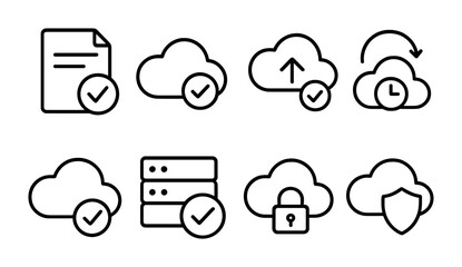 Obraz premium Cloud storage and data security icons set: linear style for digital solutions