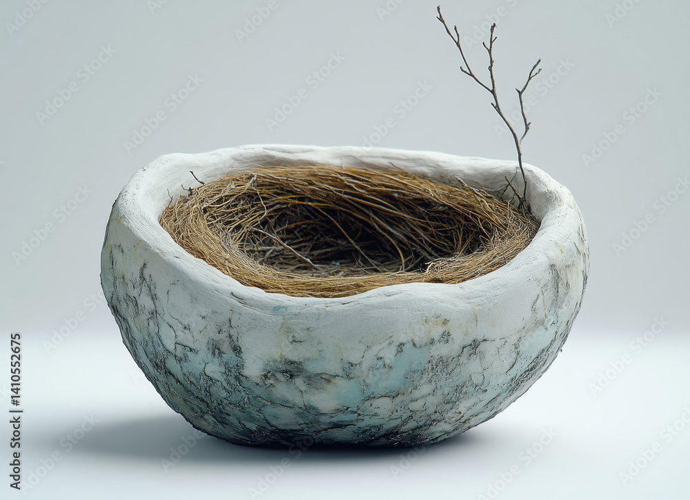 Poster artistic rendition of a bird nest in a stone-like bowl with twig on white background