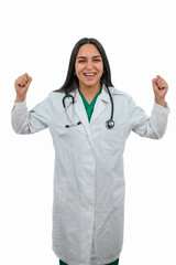 Fototapeta premium vertical Enthusiastic latin doctor celebrating success on white background