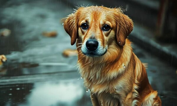 A close-up of a dog with tears in its eyes, sitting alone on a rainy street