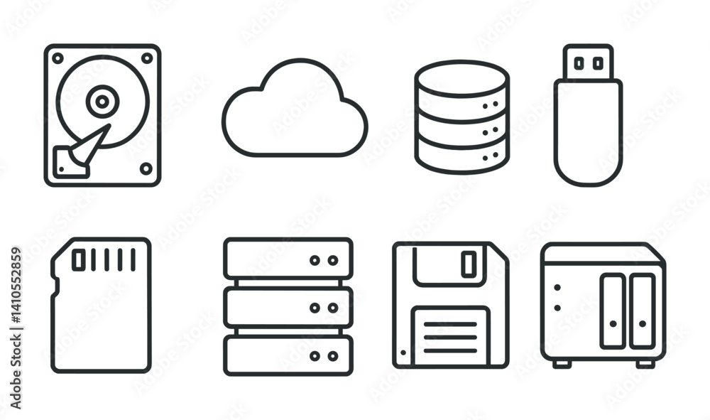 Poster outline vector icons of cloud and backup checks: file synced, cloud status ok, backup verified, rest