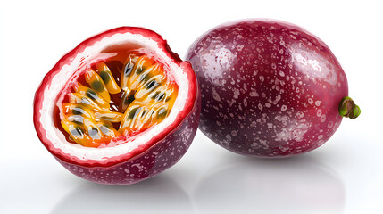 Fototapeta premium Close-up of a passion fruit, one half cut open revealing the yellow pulp and black seeds. Another whole one sits nearby on a white surface