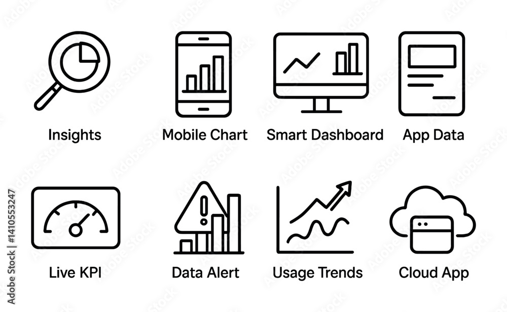 Poster outline vector icons of privacy settings: incognito, data control, block user, cookie settings, app 