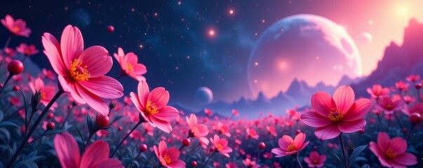 Abstract AI-generated image of flowers floating in a digital space landscape, digital, abstract, futuristic