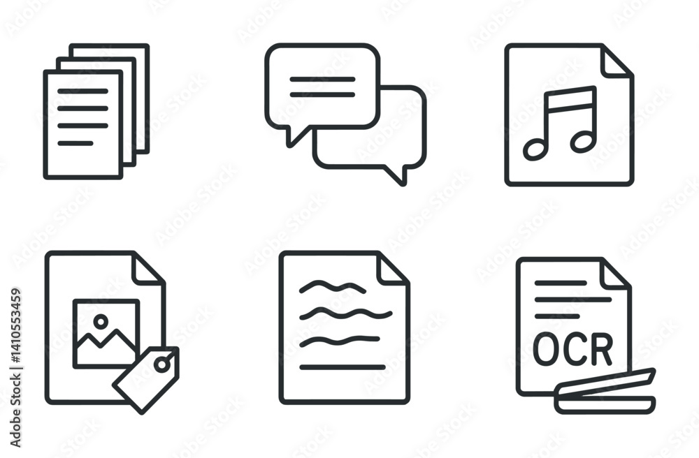 Poster outline vector icons of unstructured data: document pile, chat log, audio file, image dataset, video