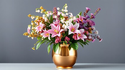 Fototapeta premium Delicate Pink, Teal, and Gold Flowers in a Polished Brass Vase