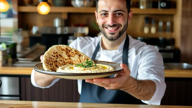 Smiling chef presenting hummus and pita in cafe