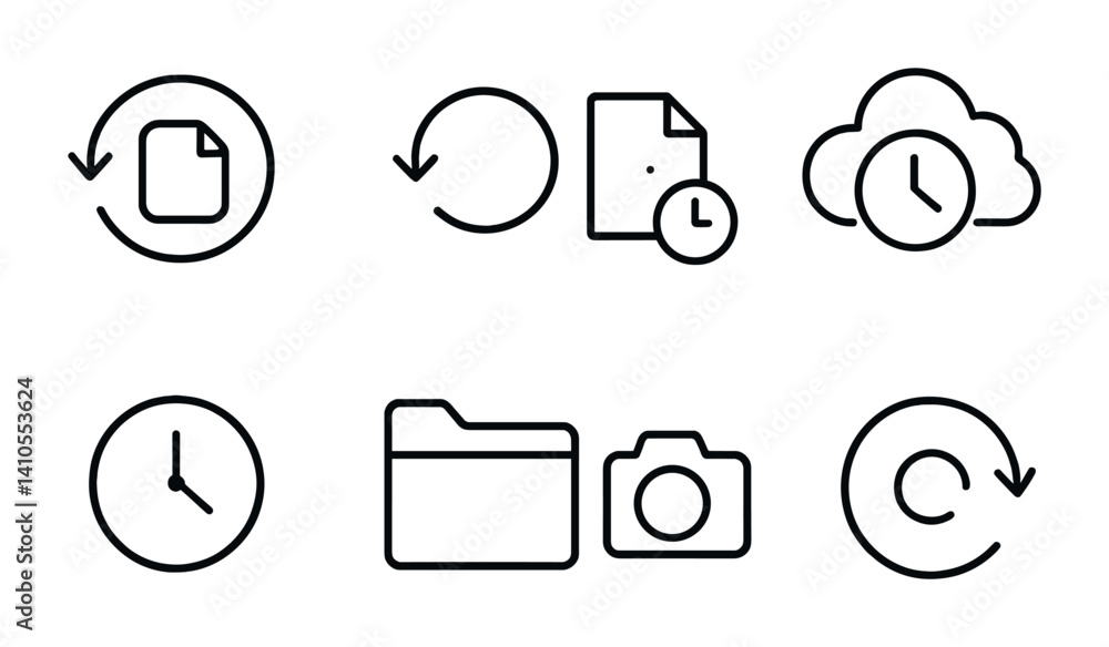 Poster outline vector icons of cloud and backup checks: file synced, cloud status ok, backup verified, rest
