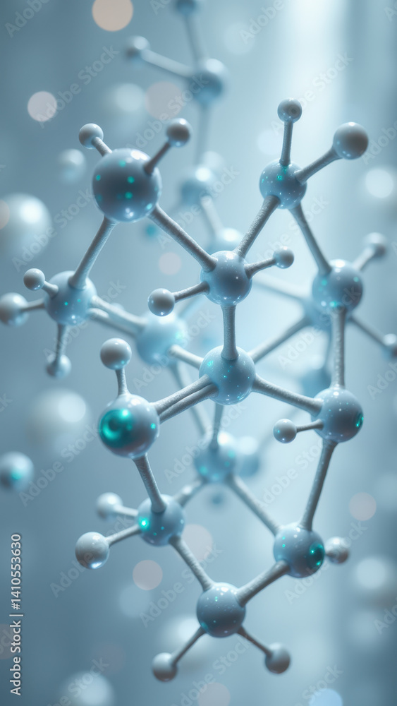 Poster 3d model of a glp-1 molecule with atoms labeled and highlighted by white spheres against a blurred b