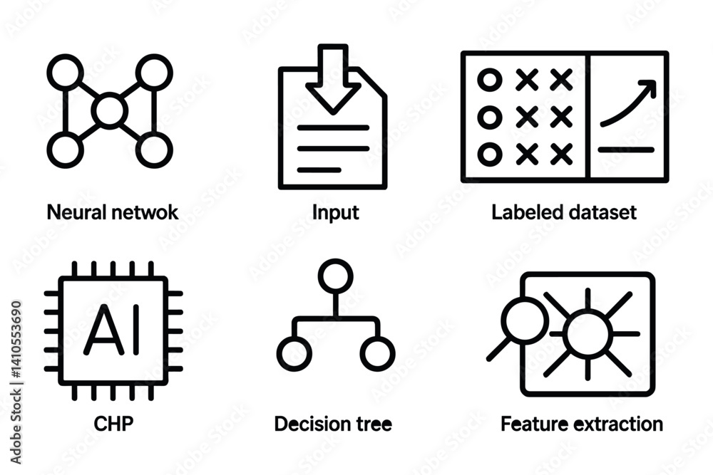 Poster outline vector icons of ai and assistant settings: smart reply, automation, voice assistant, reminde