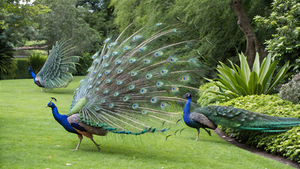 Obraz premium A beautiful shot of a peacock with open tail in the park