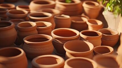 An assortment of terracotta flower pots displayed outdoors in sunlight