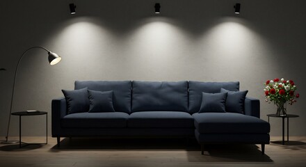 静謐な夜、柔らかな光が包む、紺色のソファと花瓶