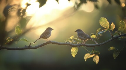 Obraz premium Two small birds are perched on a branch in sunlight