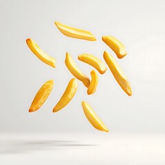French fries floating in the air, against a white background