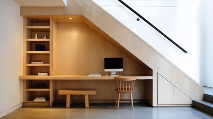 Minimalist workspace built into stairwell recess 