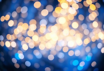Fototapeta premium Abstract blue, gold, silver glitter lights bokeh background banner, defocused, design