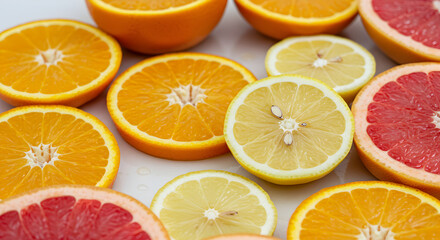 Obraz premium Halved Citrus Assortment Displaying Freshness And Vibrant Colors Close Up View