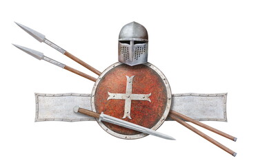 medieval helmet shield sword and two spears isolated on white