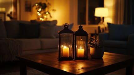 Lit candles in lanterns placed on a wooden coffee table