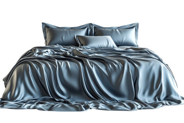Luxurious silk bedding serene blue hue draped elegantly on a bed smooth texture studio shot dark