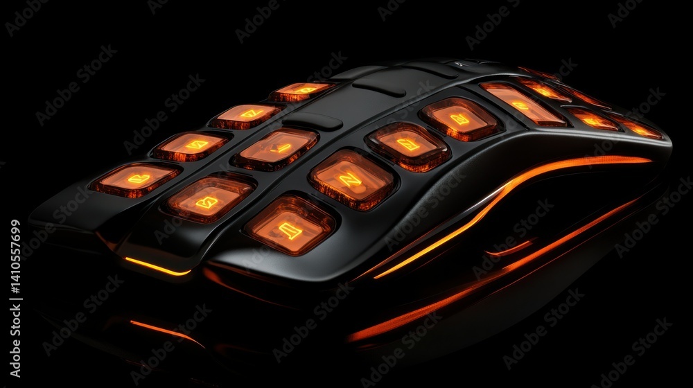Poster a black computer mouse with illuminated orange keys on top