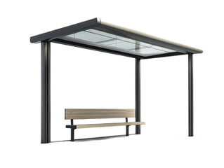 Modern steel bus stop shelter with transparent glass panels and integrated bench, minimalist design, urban street furniture, white background