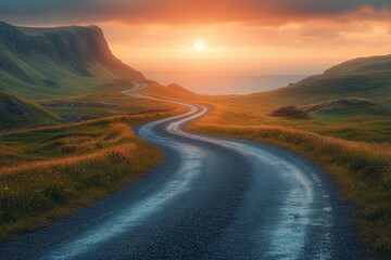 Fototapeta premium Winding scenic road at sunset coastal landscape photography serene wide angle view nature's beauty