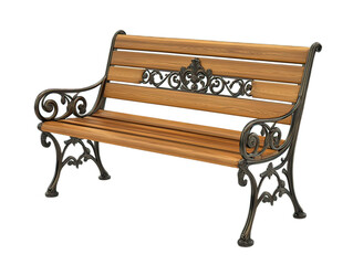 Wooden park bench with ornate cast iron legs, Victorian style, detailed scrollwork, traditional garden furniture, white background