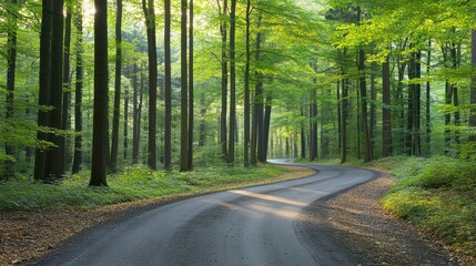 Fototapeta premium A winding paved road through a lush green forest environment