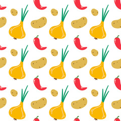 Vegetables. Seamless pattern of vegetables with different elements