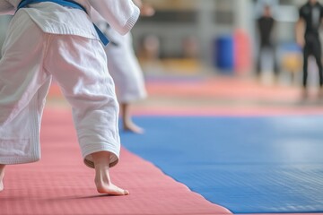 Kids practicing martial arts on colored mats in a training facility