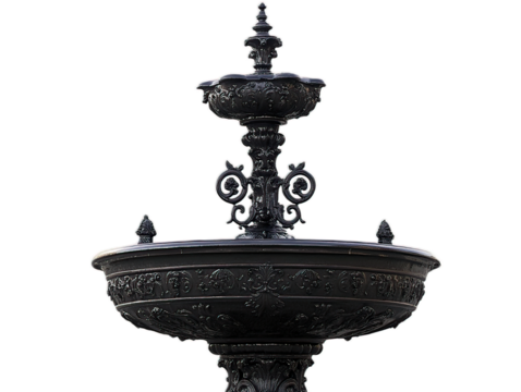 Decorative wrought iron drinking fountain with ornate basin, classical European style, public hydration station, white background