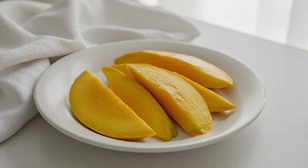 Fresh Mango Slices Displayed On White Plate By Softly Draped Linen
