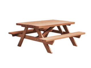 Wooden picnic table with attached benches, weather-resistant finish, park dining furniture, outdoor recreational seating, white background