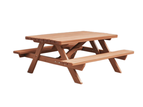 Wooden picnic table with attached benches, weather-resistant finish, park dining furniture, outdoor recreational seating, white background