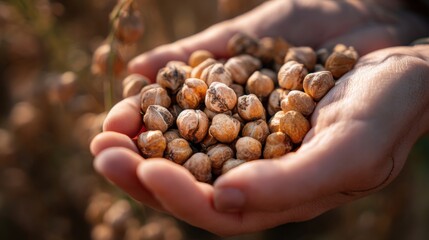 Abundant chickpeas in cupped hands, representing harvest and natural abundance. Ideal for...