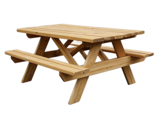 Wooden picnic table with attached benches, weather-resistant finish, park dining furniture, outdoor recreational seating, white background